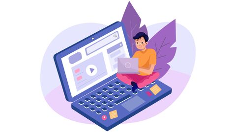 Illustration: Jubge sitzt im Schneidersitz auf einem überlebensgroßen Laptop und surft lächelnd in seinem eigenen Laptop